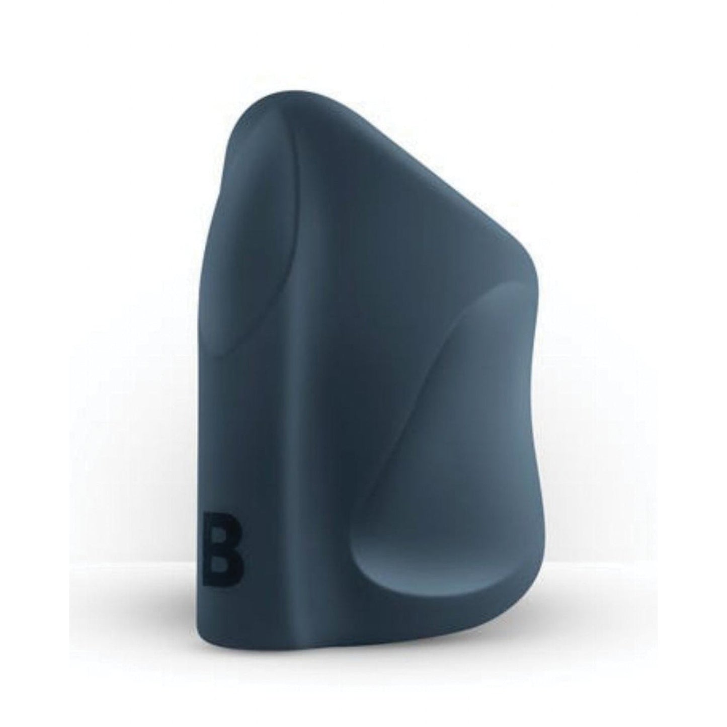 On a plain white background stands the sleek, black Boners Vibrating Hand Job Stroker, an abstract sculpture with a smooth surface and rounded edges. Its form echoes subtle vibration modes, with a bold letter B on the lower left corner.