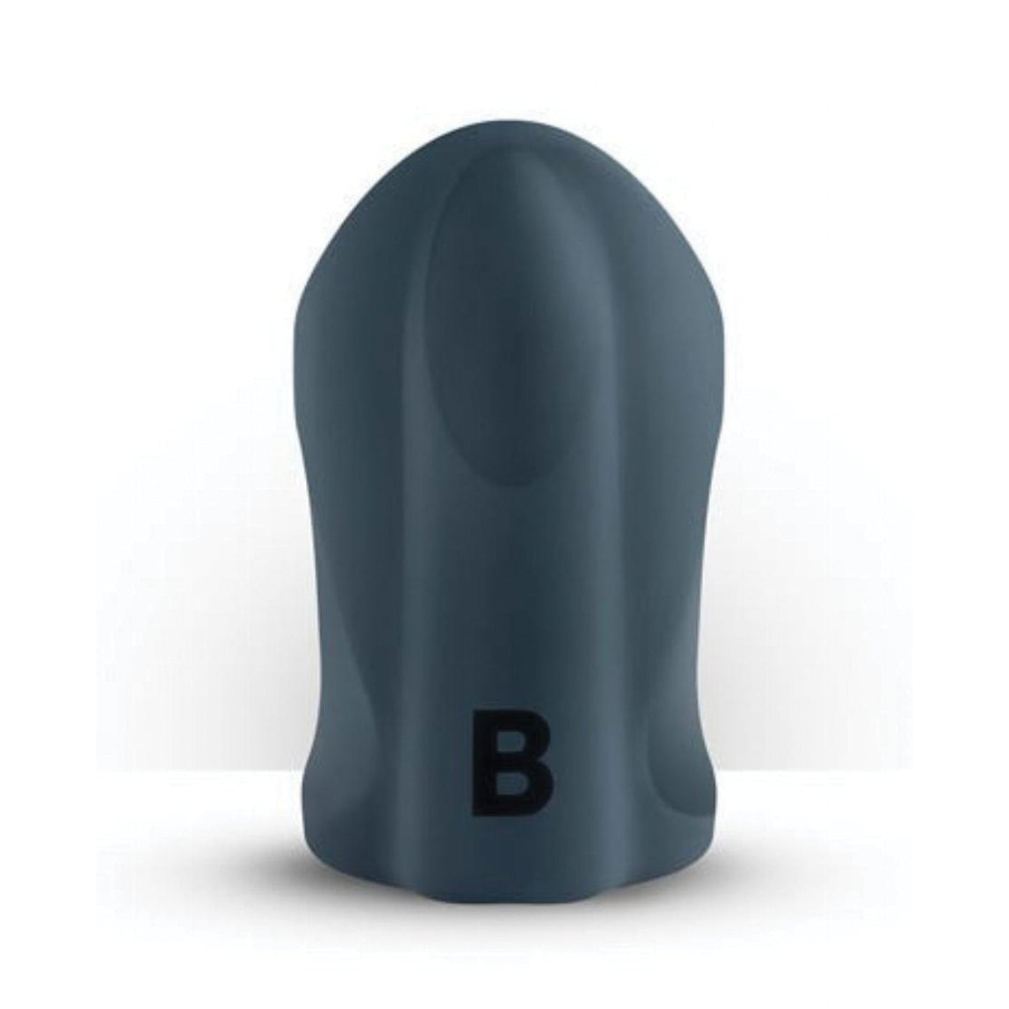 On a white backdrop, the sleek gray Boners Vibrating Hand Job Stroker features an elongated form with a domed top and subtle B logo, offering multiple vibration modes.