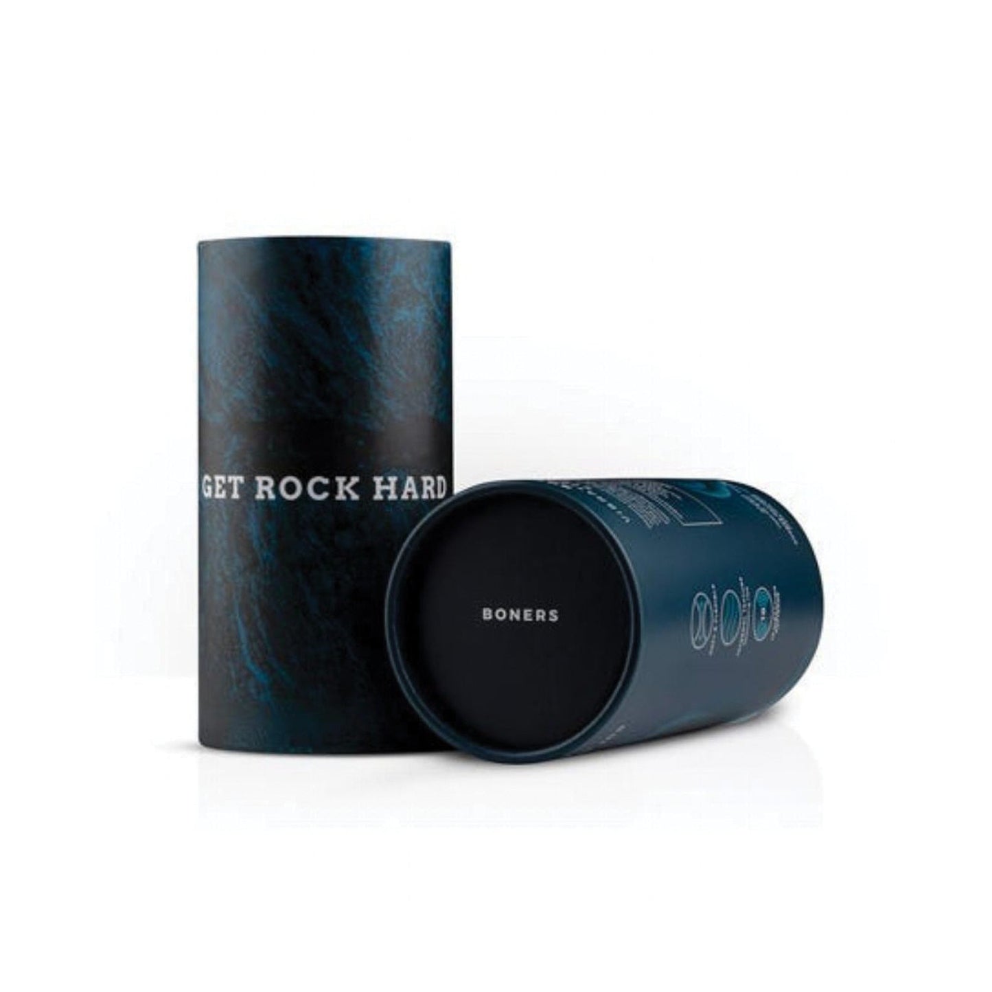 A cylindrical container labeled GET ROCK HARD and Boners Vibrating Hand Job Stroker features a dark blue marble texture. One stands upright, the other rests horizontally, promising to address erectile dysfunction with multiple vibration modes.