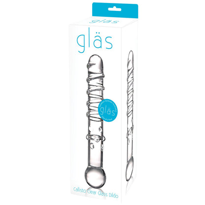 The Glas Callisto Glass Dildos packaging highlights its handblown, artisan-crafted glass. It features a sleek, textured design with the Glas brand name and product image, showcasing its smooth and artistic appearance.