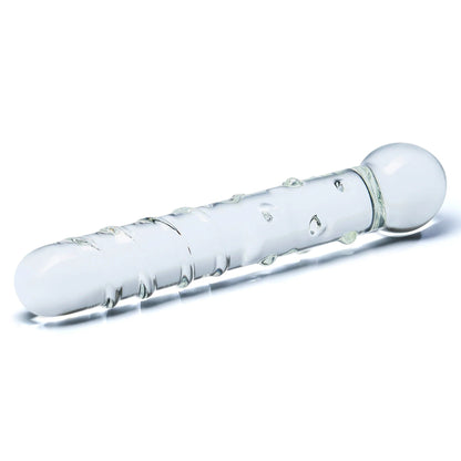 The Glas Callisto Glass Dildo is a handblown, artisan-crafted piece by Glas, featuring a long cylindrical shape with rounded ends and subtle textures. Its designed on a white background for P-Spot pleasure.