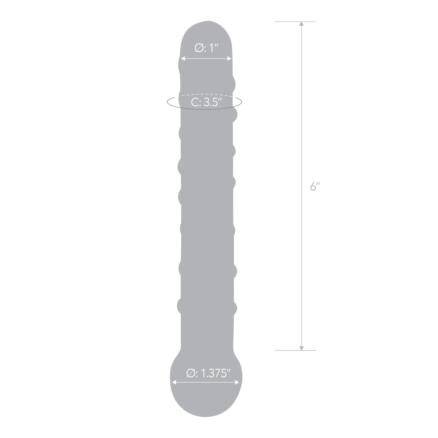 A diagram of the Glas Callisto Glass Dildo, handblown and artisan-crafted by Glas, displays its 6-inch length. It features a top diameter of 1 inch, middle circumference of 3.5 inches, and a bottom diameter of 1.375 inches with a textured surface for P-Spot stimulation.