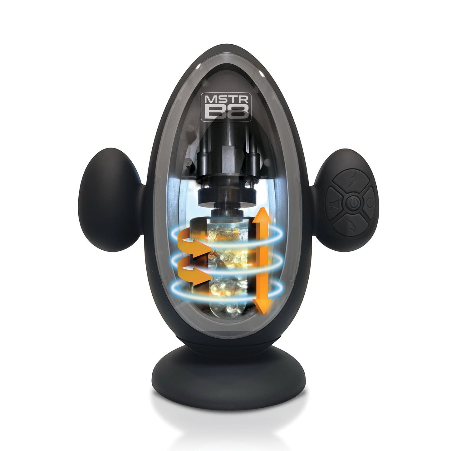 The MSTR B8 Blast Off Automatic Thrusting & Vibrating Stroker is a black, egg-shaped electronic device with a transparent front displaying its rotating mechanisms. It includes thrusting modes, two side grips with a button panel on one grip, and the label MSTR B8 on top.