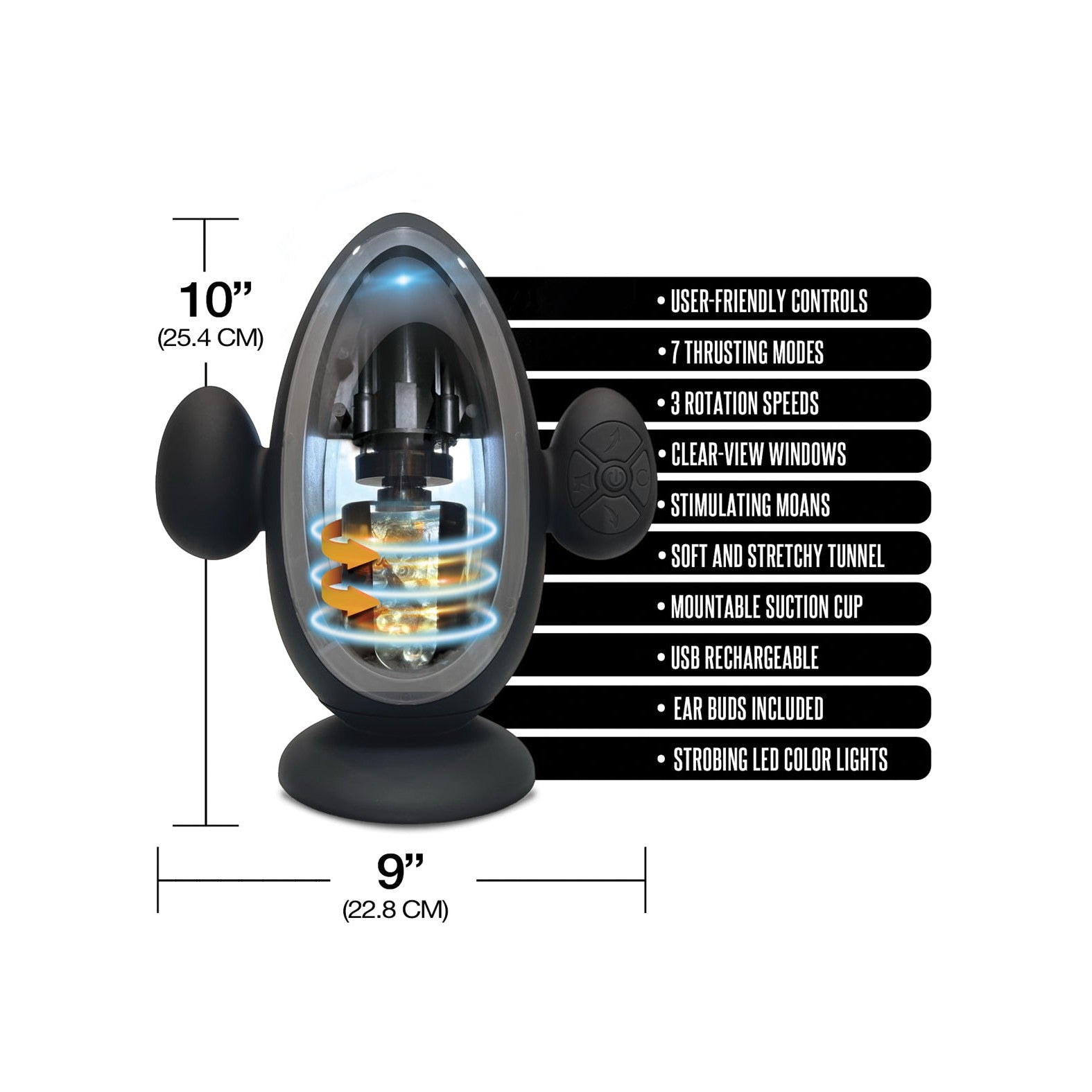 The MSTR B8 Blast Off Automatic Thrusting & Vibrating Stroker is a sleek black oval device with a transparent center showcasing its mechanics. It features easy controls, seven thrusting modes, three rotation speeds, moans, a soft tunnel, secure suction cup base, USB recharging, and LED lights. Size: 10 x 9.