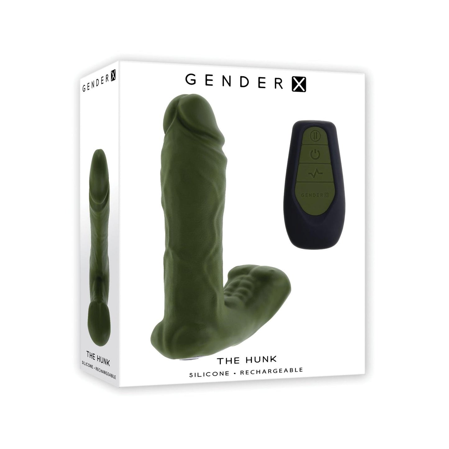 The product box for Gender X The Hunk Dual Anal Vibrator with Remote Control by Evolved Novelties showcases a realistic green silicone toy and black remote, highlighting its rechargeable, premium pleasure features.