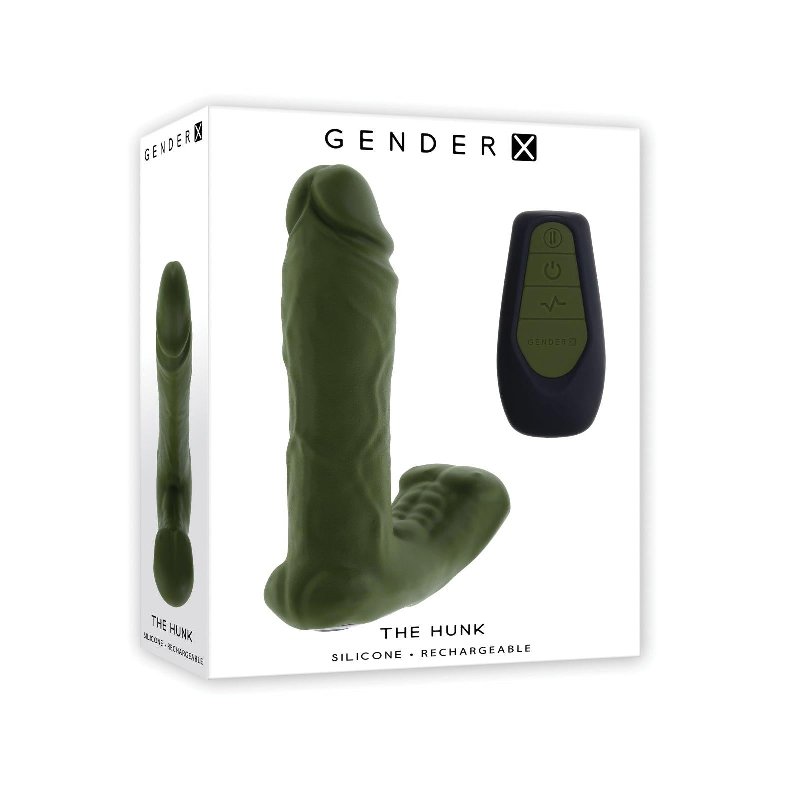 The product box for Gender X The Hunk Dual Anal Vibrator with Remote Control by Evolved Novelties showcases a realistic green silicone toy and black remote, highlighting its rechargeable, premium pleasure features.