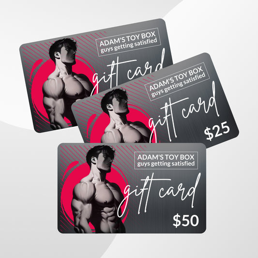 Three Adams Toy Box gift cards, featuring a muscular figure in a pink and gray design, are perfect as a gay BFF gift. Available in $25 and $50 values, they offer unlimited options for guys getting satisfied.