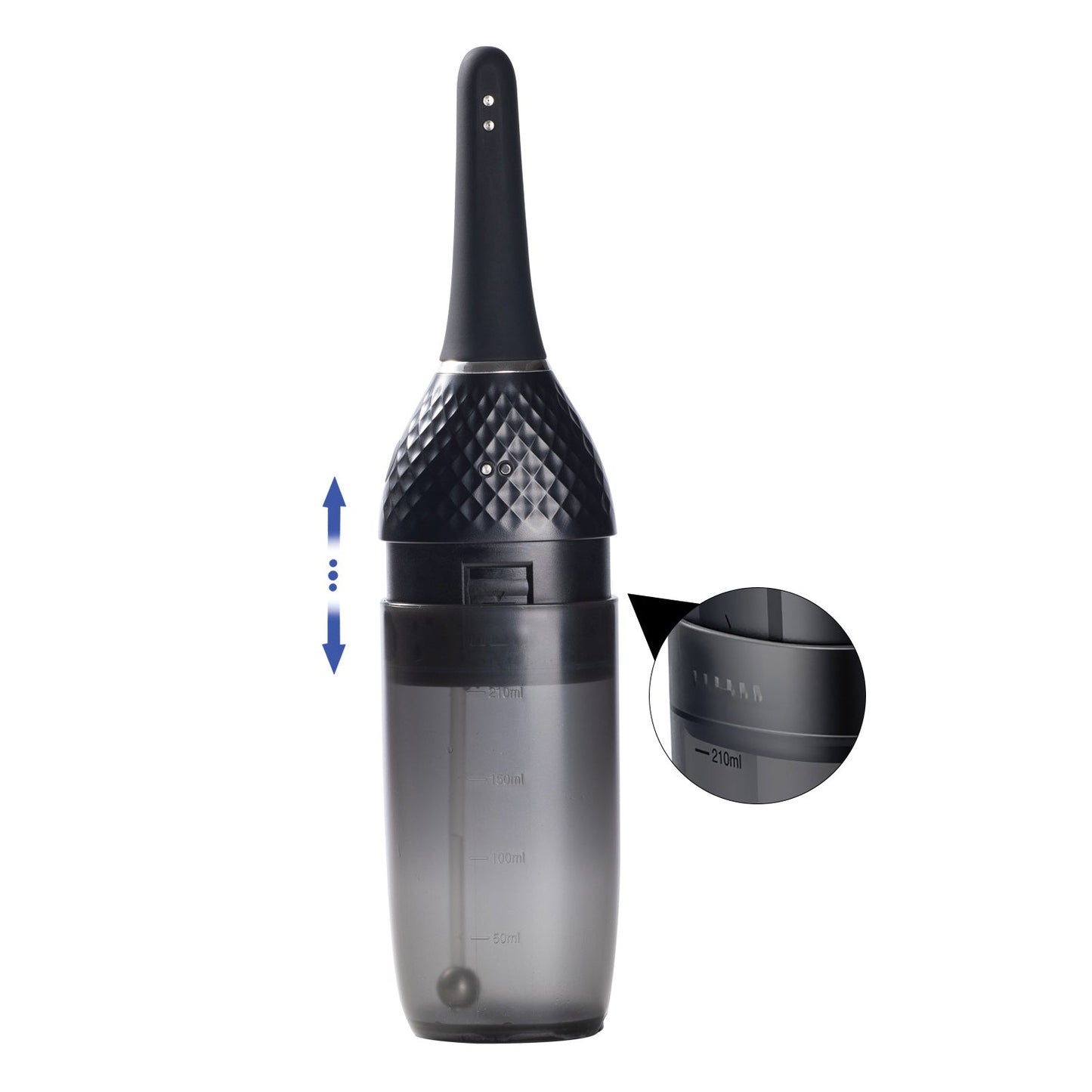 The Honey Play Box Auto Bulb Auto Spray Enema is black and transparent with a textured handle and a detachable container marked with precise measurement indicators, ranging from 50ml to 200ml.