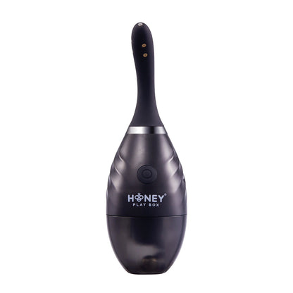 The Bulby Auto Spray Anal Douche System by Honey Play Box is a black, rounded device with a slender neck and button. Its sleek, shiny finish complements its adjustable spraying speeds for the ultimate portable anal douche experience.