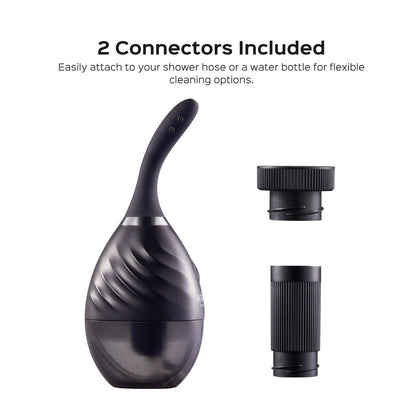 The sleek black swirled Bulby Auto Spray Anal Douche System by Honey Play Box includes two connectors and adjustable speeds. Attach it to your shower hose or a water bottle for flexible cleaning. Perfect as a portable anal douche, it’s displayed against a crisp white background.