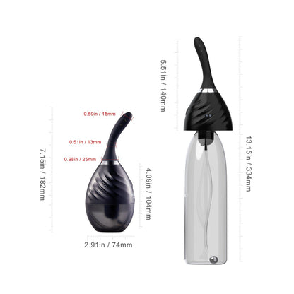 Image of a black manual breast pump with a compact design, 7.15 inches tall and 2.91 inches wide, and another 13.15 inches tall. Both have curved handles and ribbed designs akin to the Bulby Auto Spray Anal Douche System by Honey Play Box, resembling portable devices with adjustable spray settings.