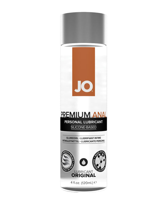 The System JO Premium Anal - Original Lubricant is a clear bottle with a white cap and orange label, offering 4 fl. oz. (120 mL) of silicone-based formula for long-lasting comfort and smooth glide during anal play.