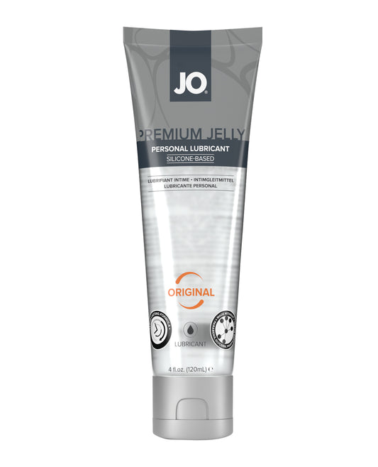 The System JO Premium Jelly - Original Lubricant 4 oz features a sleek gray and white design. Enjoy this long-lasting silicone formula for smooth, silky comfort in every use.