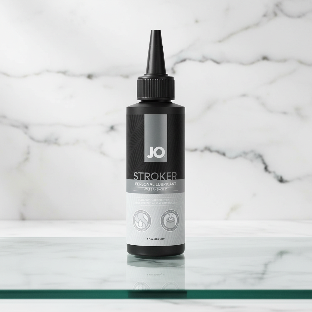 A 4 oz JO Stroker Waterbased Lubricant bottle by System JO, in black and gray with a pointed nozzle, rests on glass against a marble backdrop. The label features it as part of System JO’s male pleasure product line.