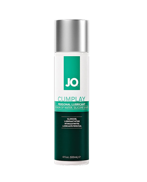 JO Cumplay hybrid lube, 4 fl oz (120 mL) white and green bottle with a silver cap, a fusion of water, silicone and aloe