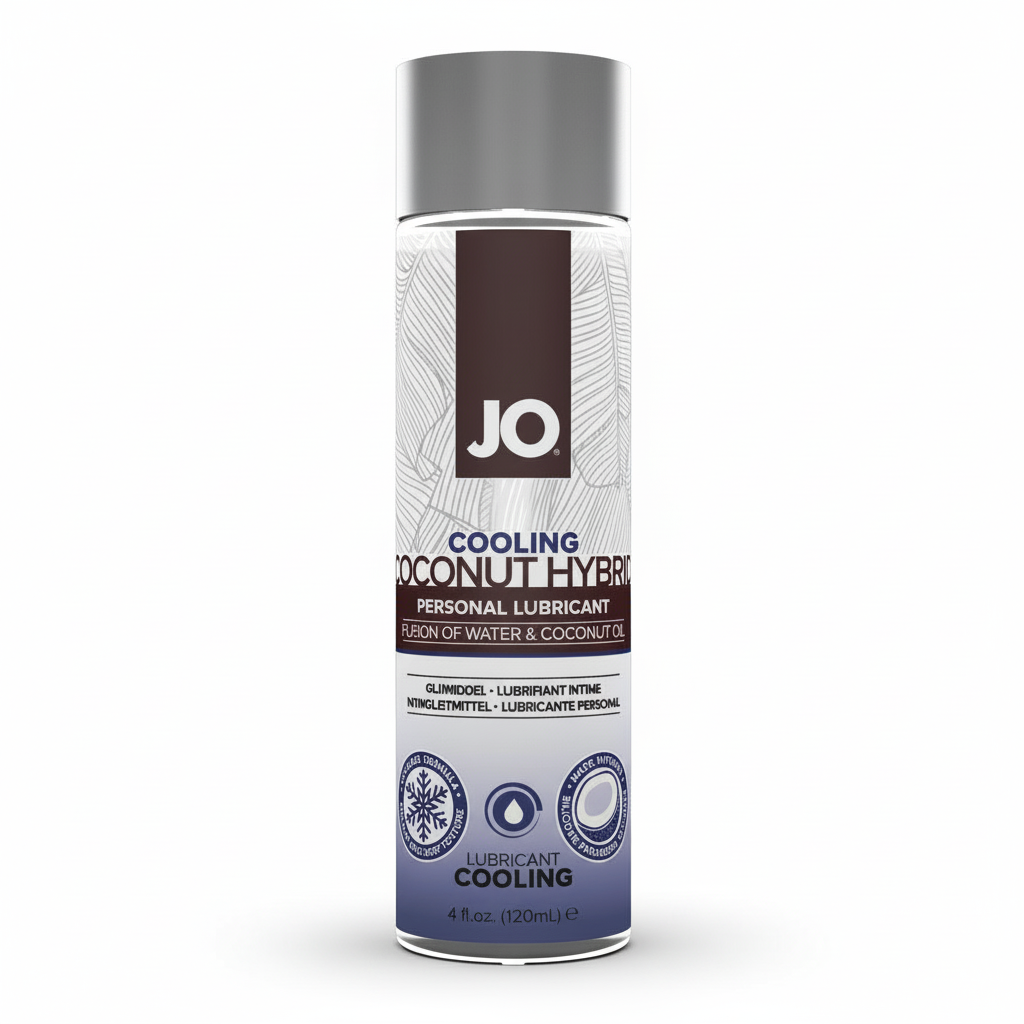 A 4 oz bottle of System JO Coconut Hybrid - Cooling Lubricant features a silver cap and label emphasizing its unique coconut oil blend and refreshing cooling sensation.