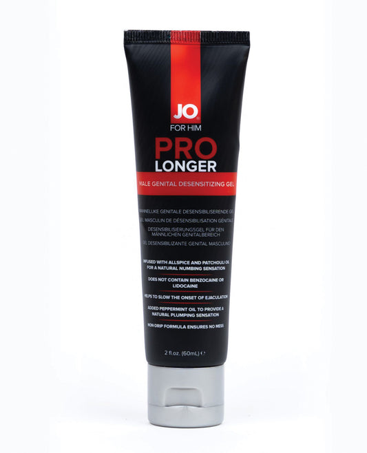 A black tube labeled System JO Prolonger Gel - Benzocaine Free Desensitizer, featuring red and white text and a silver cap. This 2 oz (60 mL) gel is designed to extend pleasure and enhance performance.