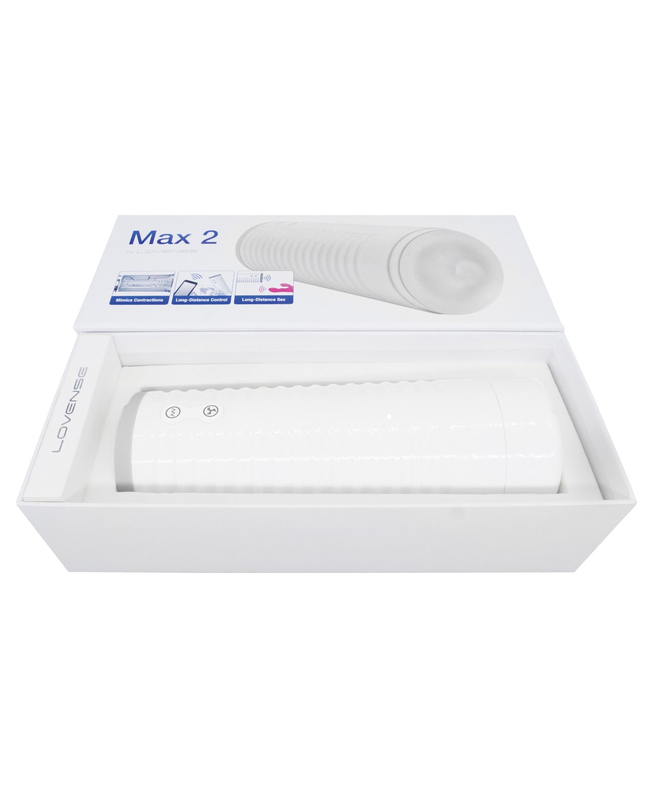 Lovense Max 2 Rechargeable Male Masturbator in sleek packaging, featuring innovative sensations and adjustable suction.