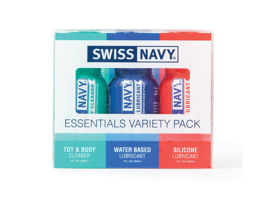 A Swiss Navy Essentials Variety Pack of 3 image highlights essential items: Toy & Body Cleaner, Water-Based Lubricant, and Silicone Lubricant. The stylish packaging is white with bold blue, green, and red accents.