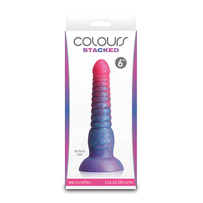 The packaging of the NS Novelties Colours Stacked Dildo showcases its tri-color design blending pink to purple and highlights its 6-inch size, making it an eye-catching addition to your collection.