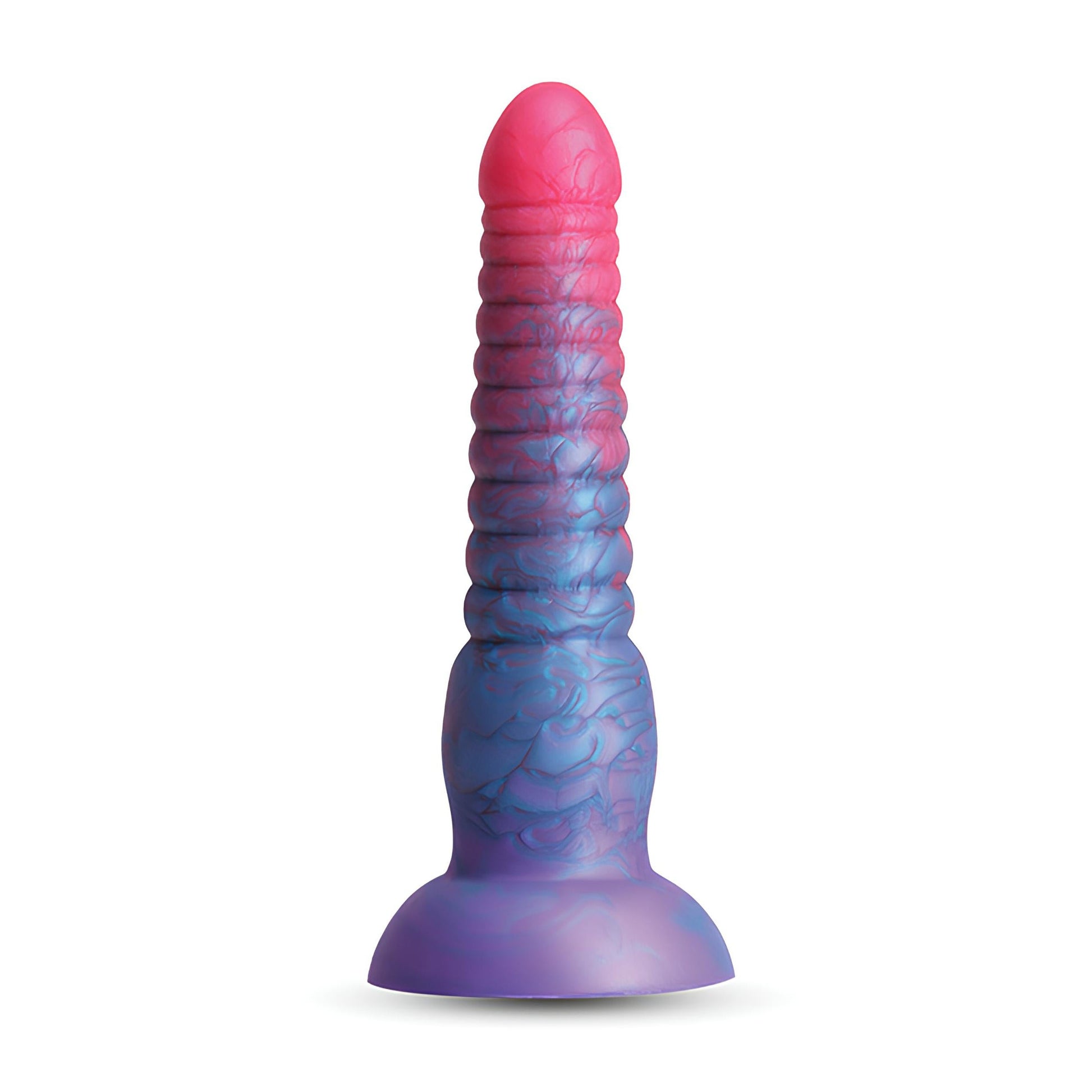 The Colours Stacked Dildo by NS Novelties is a liquid silicone dildo with a tri-color gradient from pink to blue and purple. It features a ribbed texture and includes a suction cup for secure placement.