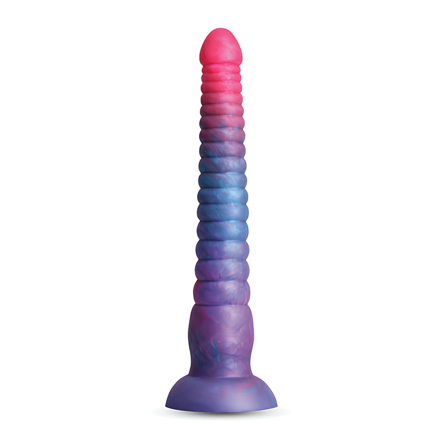 The Colours Stacked Dildo by NS Novelties is made from luxurious liquid silicone, featuring a tri-colored spiral gradient from pink to purple. It has a bulbous tip, wide base, comes in various sizes, and is set against a white background.