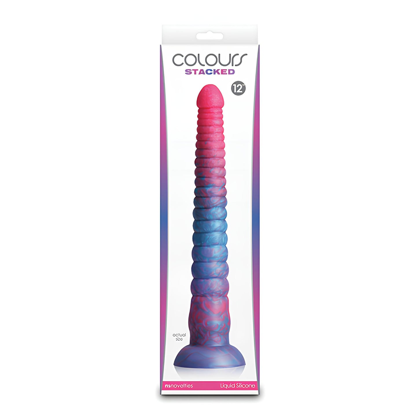 Packaging for the Colours Stacked Dildo by NS Novelties highlights a 12-inch tri-colored dildo with ribbed texture and secure suction base. The box features vibrant pink and blue hues, with product details at the bottom, enhancing its lively design.