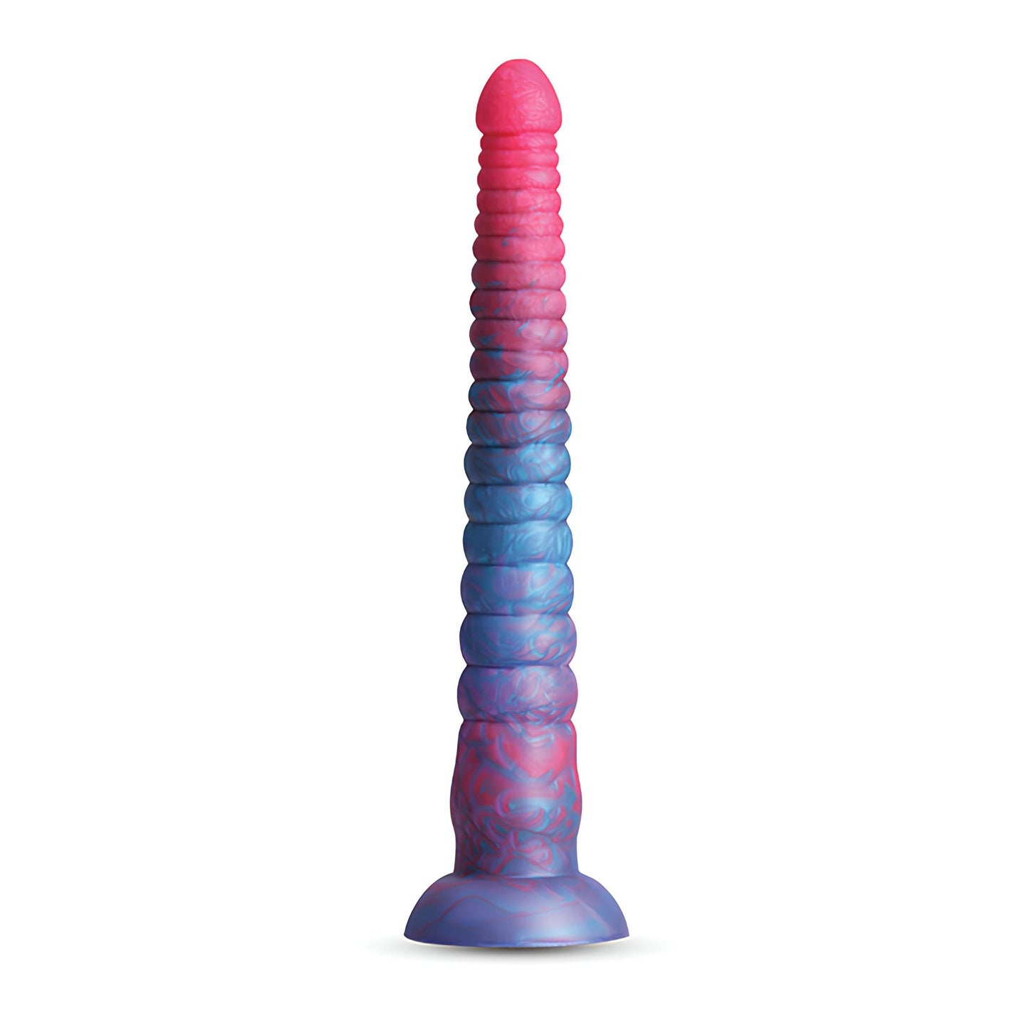 The Colours Stacked Dildo by NS Novelties features a vibrant tri-color gradient from pink to blue, crafted from smooth liquid silicone. It offers a ribbed spiral texture and includes a suction cup for hands-free use.