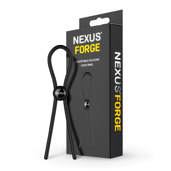 The packaging highlights the Nexus Forge Single Lasso, a silicone ring crafted for a tailored fit. It rests neatly coiled next to its sleek black box, featuring the Nexus logo and product name in vivid white and yellow text.