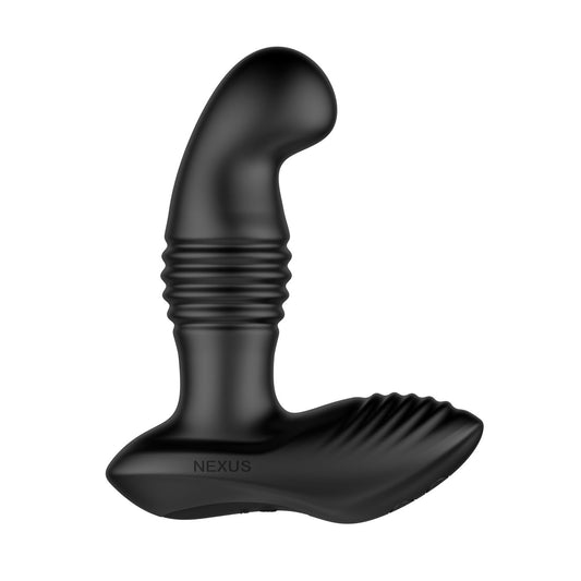 The Nexus Thrust Prostate Edition by Nexus is a black, ribbed silicone massager with a textured base for therapeutic or personal use. Its ergonomic design and multiple vibrating modes provide comfortable handling and personalized pleasure.