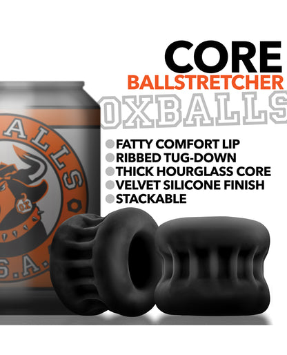 Oxballs Core ball stretcher card: fatty comfort lip, ribbed tug-down, thick hourglass core, stackable