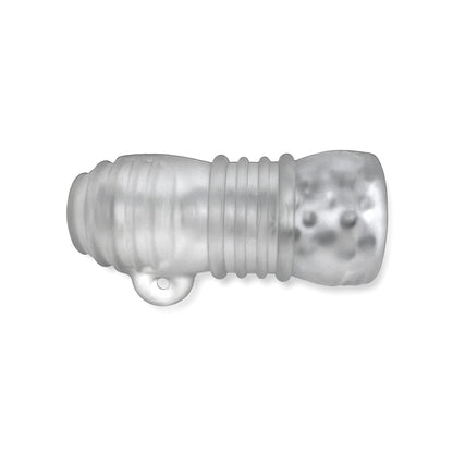 Viewed from the side against a white background, the Hunky Junk Jack T Stroker is a translucent, ridged plastic stroker with a bulbous end and a circular cutout. This Plus+SILICONE creation by Hunky Junk invites you to embark on an unparalleled texture adventure.