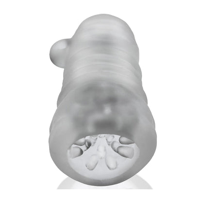 The Hunky Junk Jack T Stroker by Hunky Junk is a translucent, cylindrical stroker crafted from Plus+SILICONE. It features a textured interior and a slight side protrusion, resembling a tube, set against a clean white background.