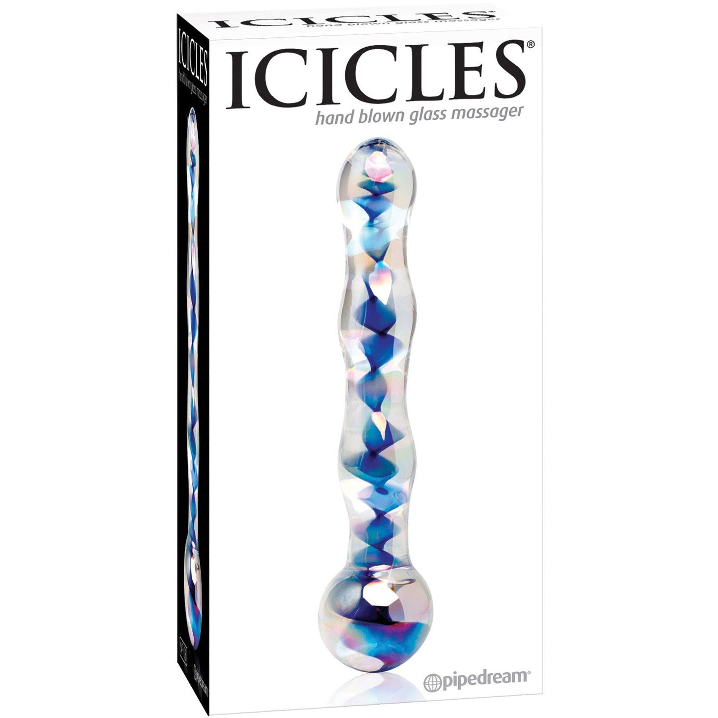 The Icicles No. 8 Hand Blown Glass Massager from Pipedream comes in packaging that highlights its beautiful clear, twisted design with blue and pink accents. Ideal for temperature play, the box prominently displays the Pipedream brand name and product description.