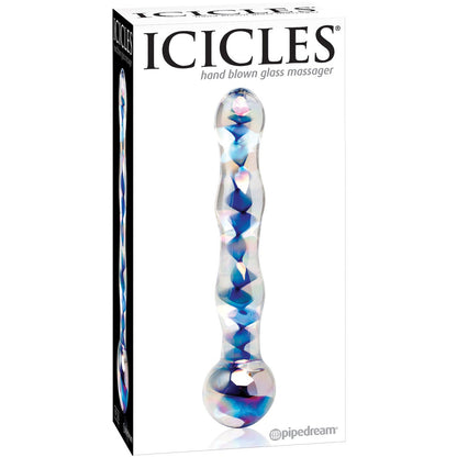 The Icicles No. 8 Hand Blown Glass Massager from Pipedream comes in packaging that highlights its beautiful clear, twisted design with blue and pink accents. Ideal for temperature play, the box prominently displays the Pipedream brand name and product description.