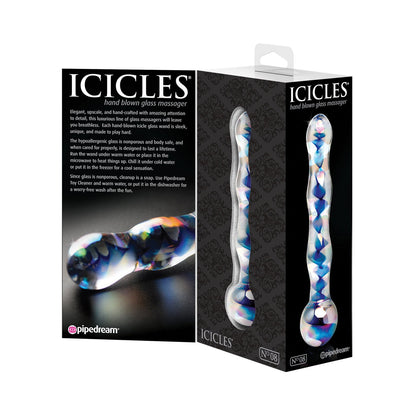 The Icicles No. 8 by Pipedream is a hand-blown glass massager featuring a reflective multicolored design, elegantly showcased in its packaging. The text emphasizes its exquisite design and versatile temperature play capabilities.