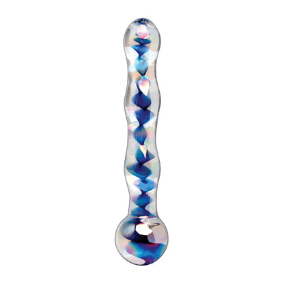 The Pipedream Icicles No. 8 Hand Blown Glass Massager features a stunning wavy texture and reflective blue and pink facets, with a rounded knob at the base tapering elegantly to the top, ideal for temperature play enthusiasts seeking beauty and function.