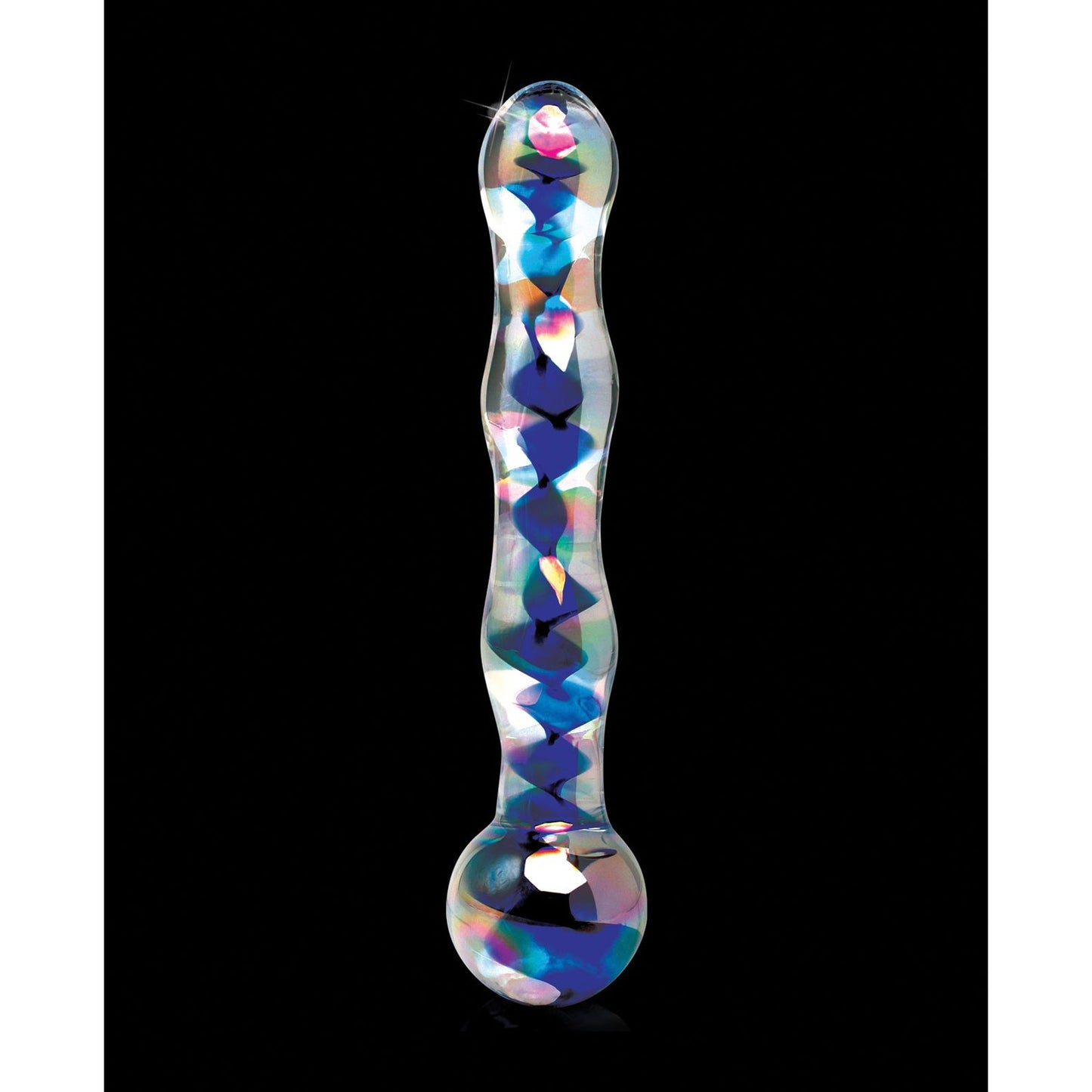 The Pipedream Icicles No. 8 Hand Blown Glass Massager features a smooth, iridescent finish with heart-shaped patterns along its length, ideal for temperature play against a sleek black backdrop.