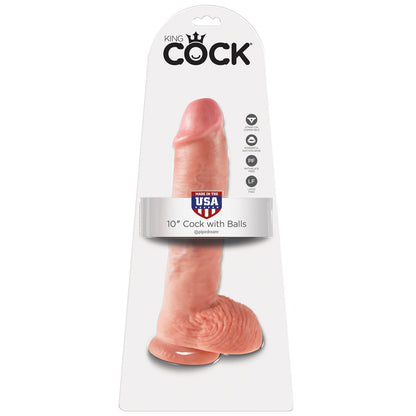 The King Cock 10 Cock With Balls is a realistic flesh-colored dildo, crafted with body-safe materials and featuring a secure suction cup base. Waterproof and Made in the USA, its packaged on a King Cock display card highlighting its safety attributes.