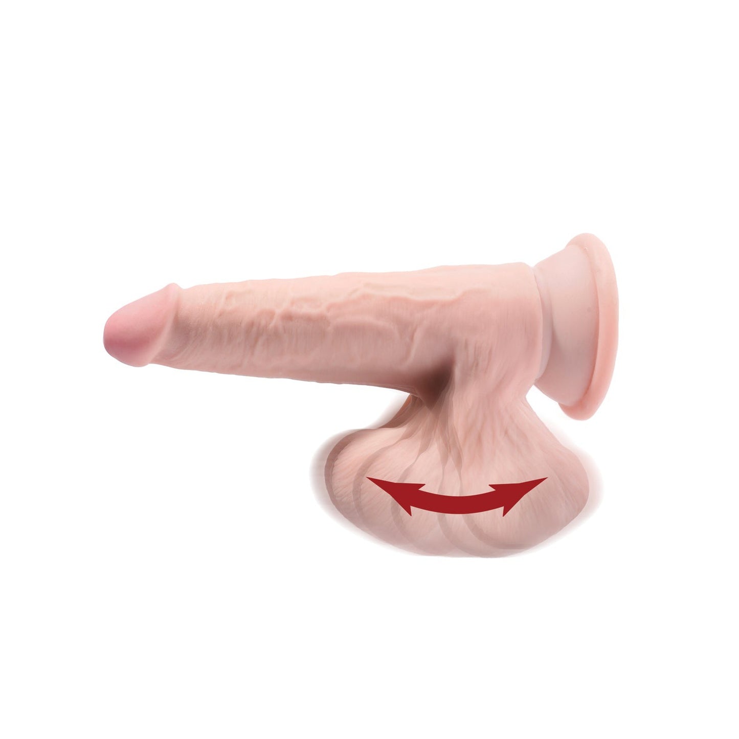 The King Cock Plus 9 Triple Density Cock with Swinging Balls by King Cock is a realistic silicone prosthetic resembling a human penis. It features a suction cup base, textured skin-like surface, swinging balls for added realism, and an arrow indicating movement capability.