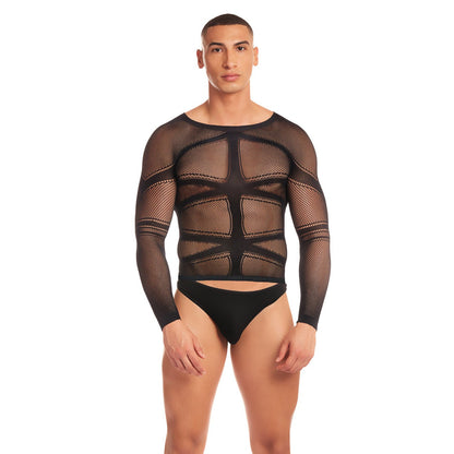 A person stands confidently in the Rainbow Party Cam Boy Mesh 2 pc Set by Rainbow Party, featuring a black, see-through mesh long-sleeved top with geometric patterns and matching black briefs against a plain white backdrop.