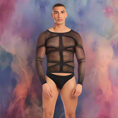 Against a vibrant backdrop of pinks, purples, and blues, a person confidently poses in the Rainbow Party Cam Boy Mesh 2 pc Set by Rainbow Party. The sleek black long-sleeve top and matching briefs perfectly showcase contemporary style.