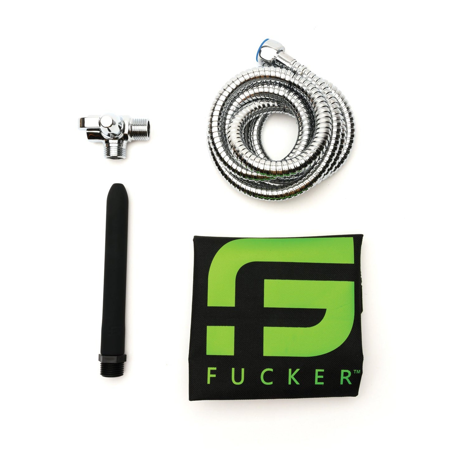 The Sport Fucker Shower Kit includes a coiled stainless-steel hose, black silicone nozzle, metal connector, and a green and black pouch with an F logo and FUCKER printed on it, all displayed on a white background.