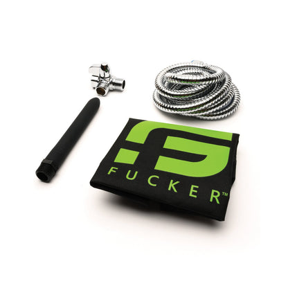 Meet the Sport Fucker Shower Kit: a stylish set with a stainless-steel hose, matte black shower arm, silicone nozzle, and a black case adorned with a bright green logo and bold text.