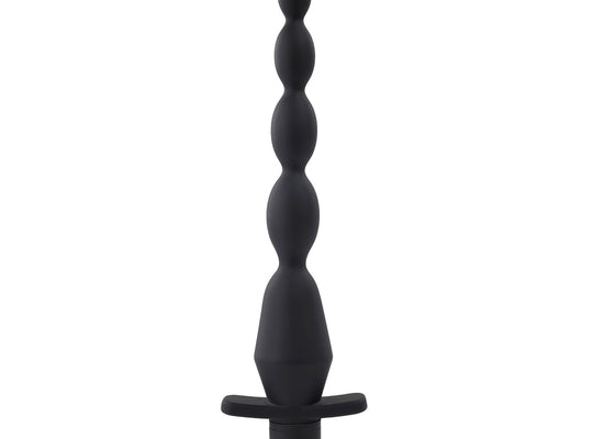 The Selopa Vibrating Butt Beads are black, multi-beaded silicone anal plugs with a tapered tip and flared base. Made from body-safe, waterproof silicone, they offer safety and pleasure for personal exploration.