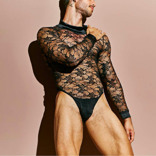 Secret Male Men's Lingerie Sexy Bodysuit in black floral lace with long sleeves, velvet mock-neck collar and cuffs, and a high-cut solid pouch
