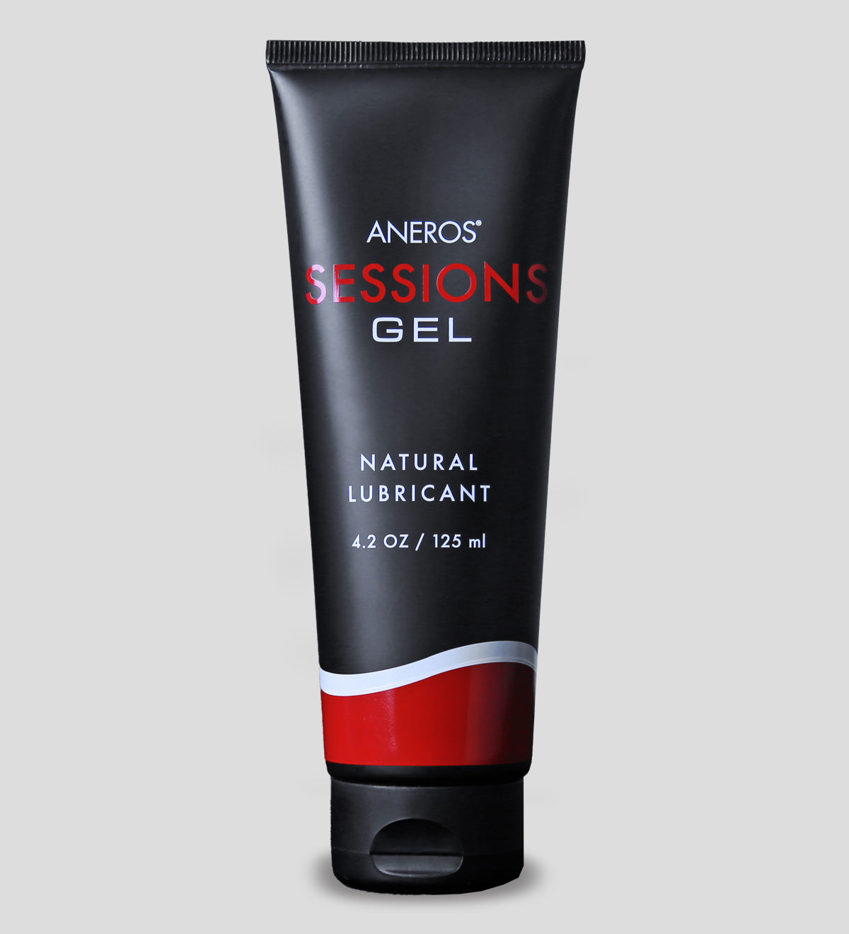 Aneros Sessions water based lubricant, 4.2 oz clear bottle with a black cap and black and red label