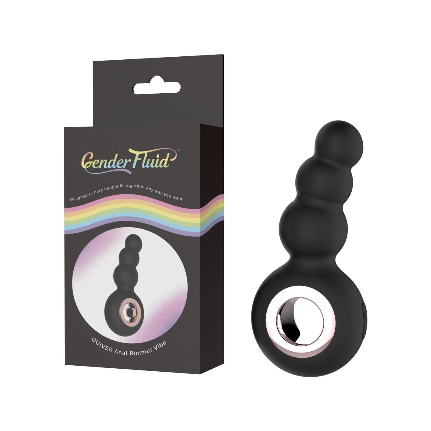 A black, medical grade silicone Gender Fluid Quiver Anal Ring Bead Vibe with a circular handle is shown by its packaging, featuring the Gender X brand, rainbow design, and the product name.