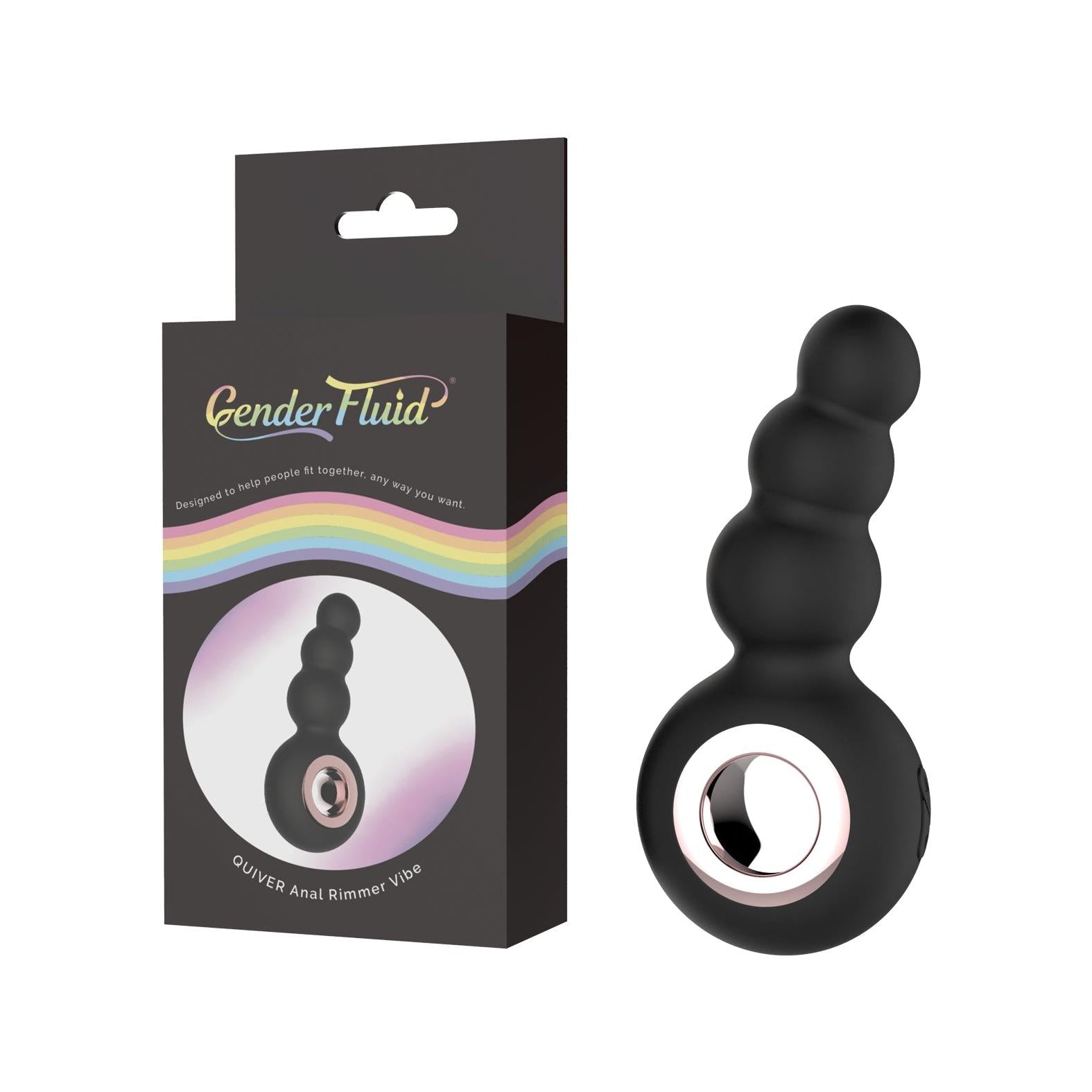 A black, medical grade silicone Gender Fluid Quiver Anal Ring Bead Vibe with a circular handle is shown by its packaging, featuring the Gender X brand, rainbow design, and the product name.