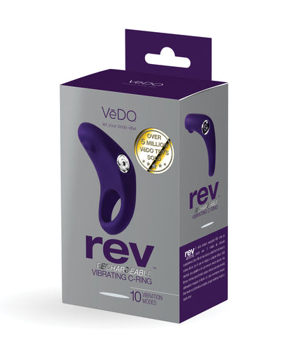 VeDO Rev rechargeable vibrating cock ring in purple, boxed
